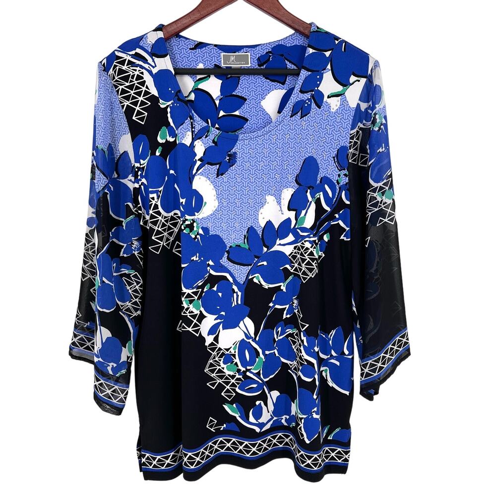 JM Collection Sz Large Black Blue Formal Tropical Blouse Shirt Top Mature Dinner
